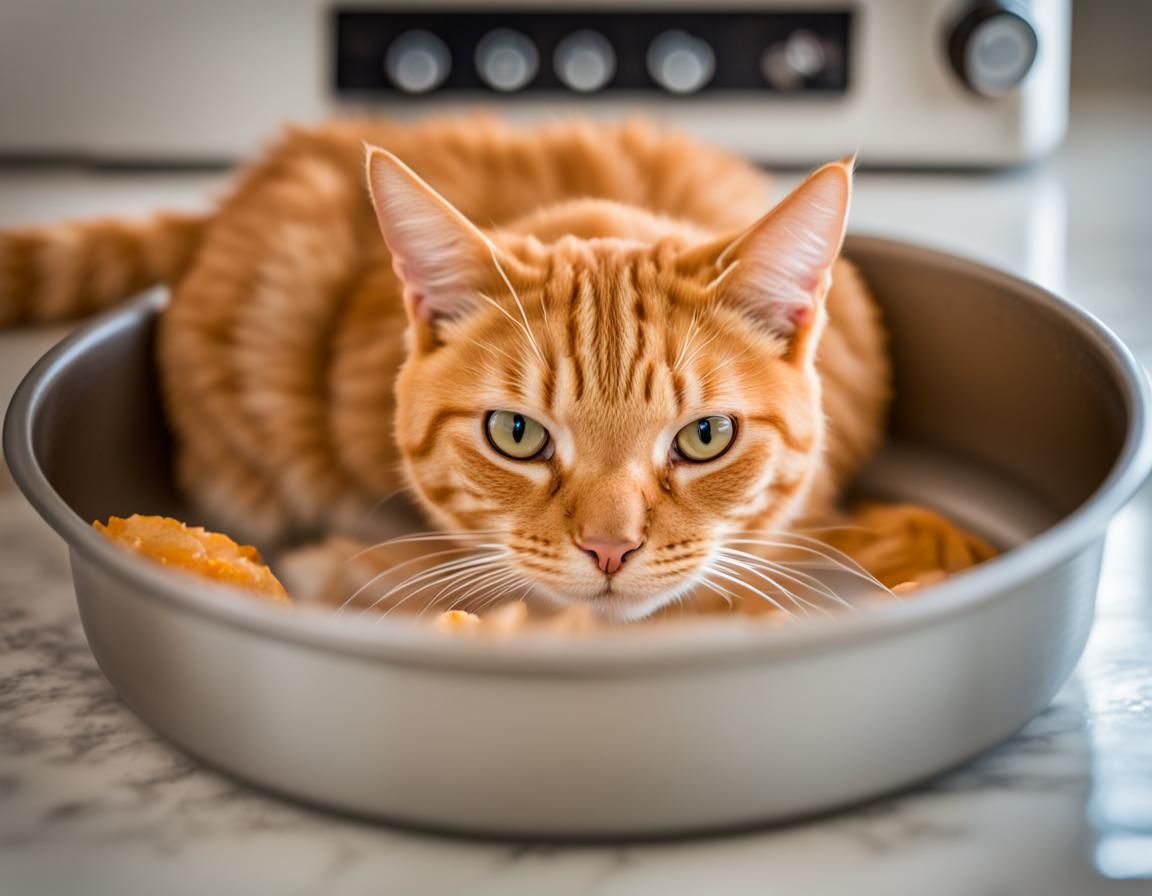 Orange Tabby Cat Curled in Pie Pan: Photography