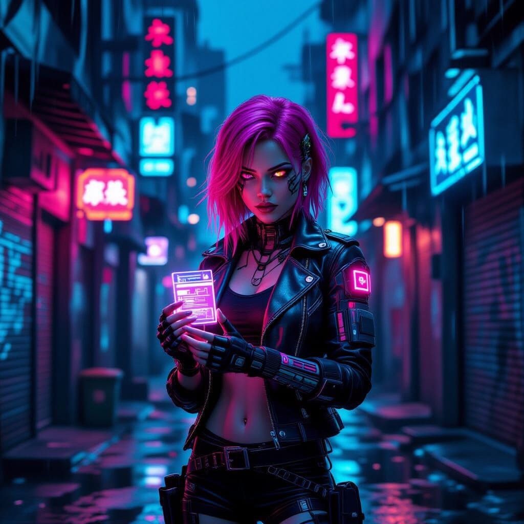 Cyberpunk Woman with Cybernetic Implants in Neo-Noir City