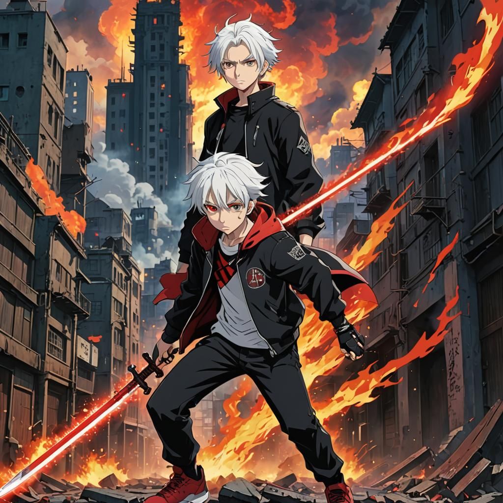 Anime Boy with Fiery Sword in Ruined City
