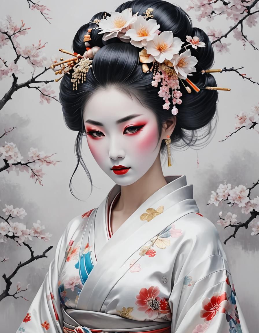 Beautiful Geisha Portrait in Realistic Anime Style