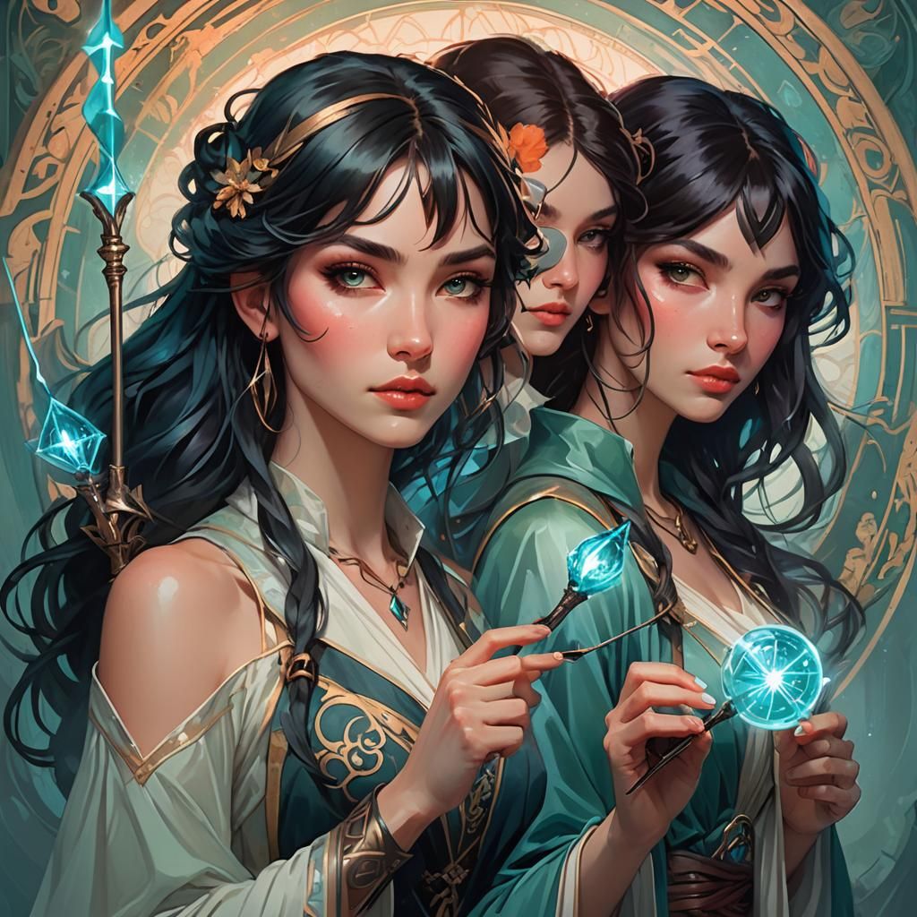 Mystical Girls With Magic Wands, Art Nouveau Portrait
