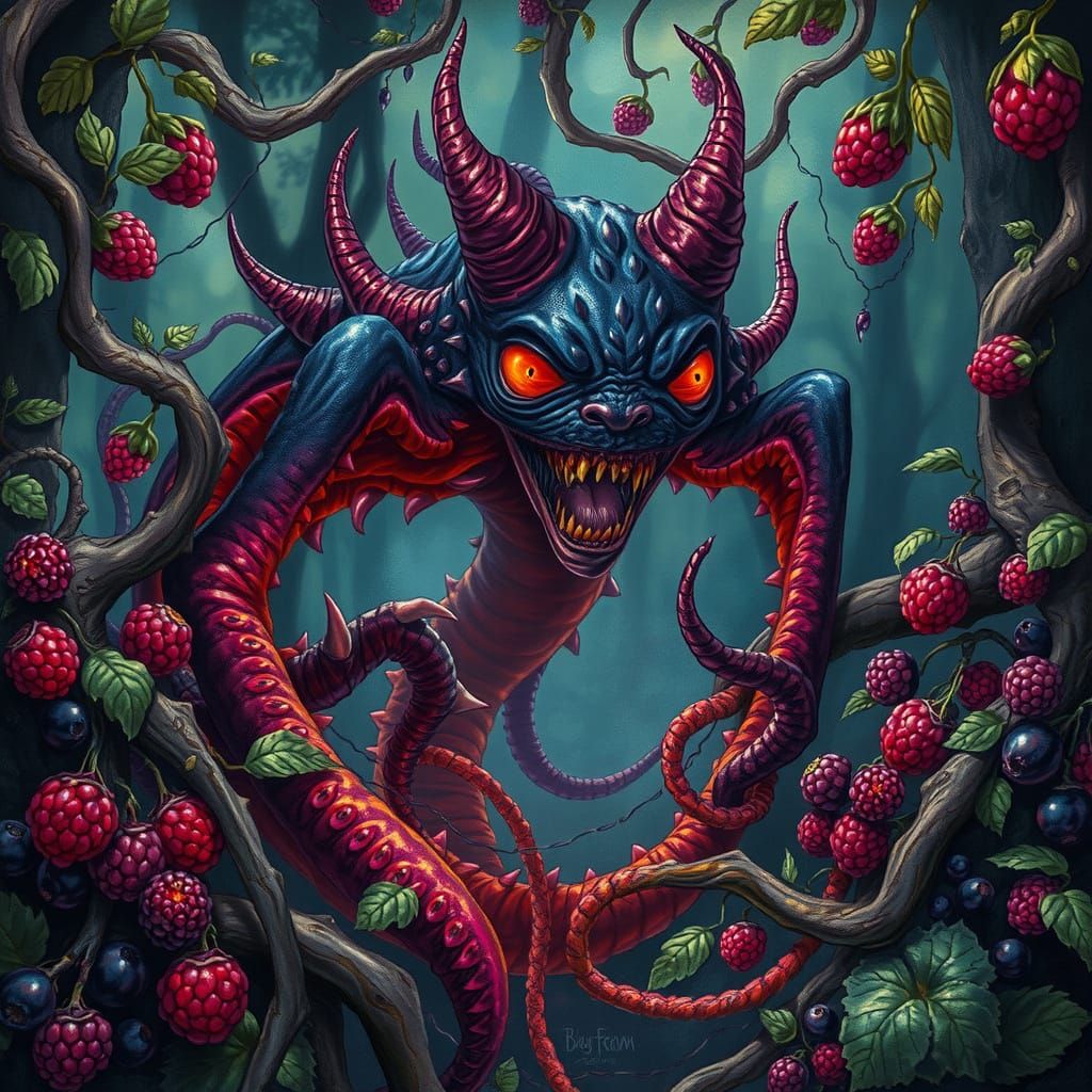 Fantastical Black Berry Monster Amidst Twisted Vines and Dar...