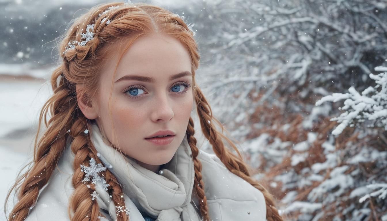 Enchanting Woman in Winter Landscape with Braids