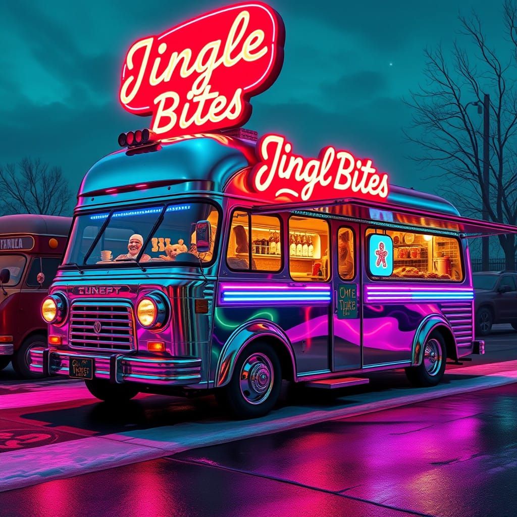 Retro-Futuristic Christmas Food Truck in Cyberpunk Style