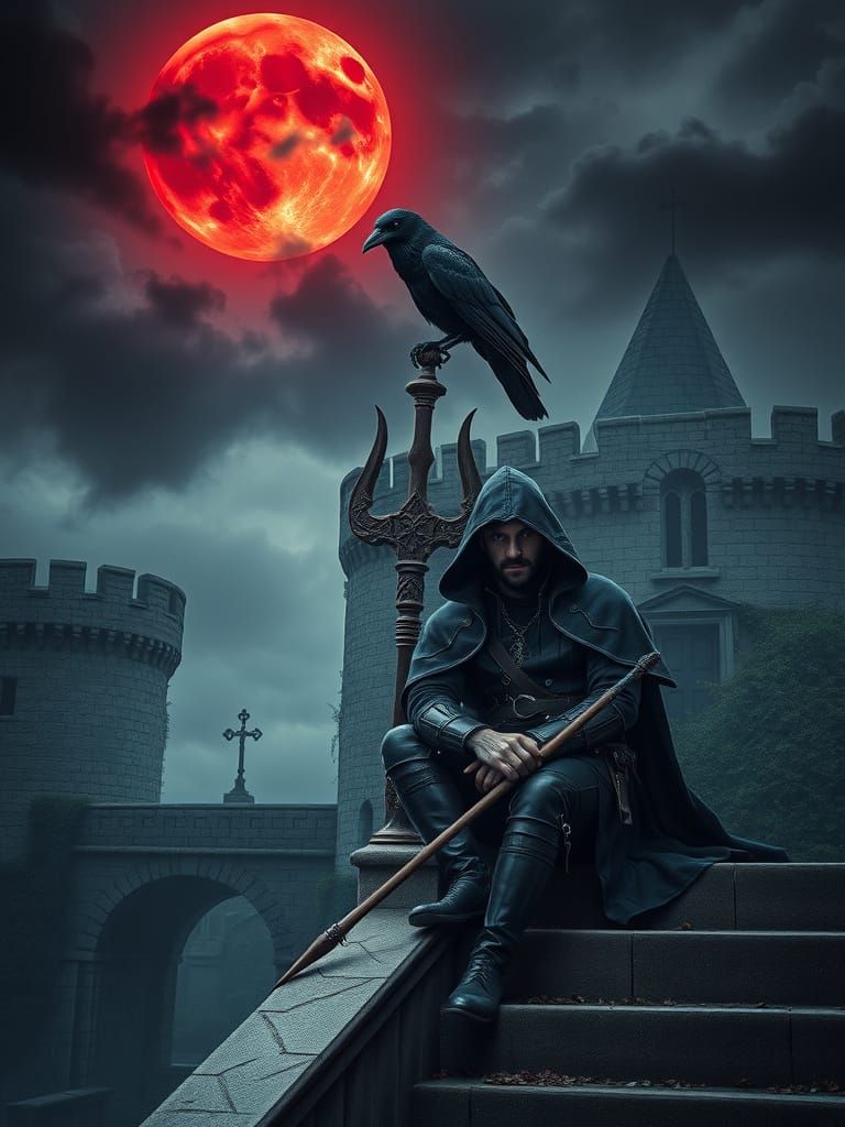 Dark Fantasy Scene with Raven and Assassin