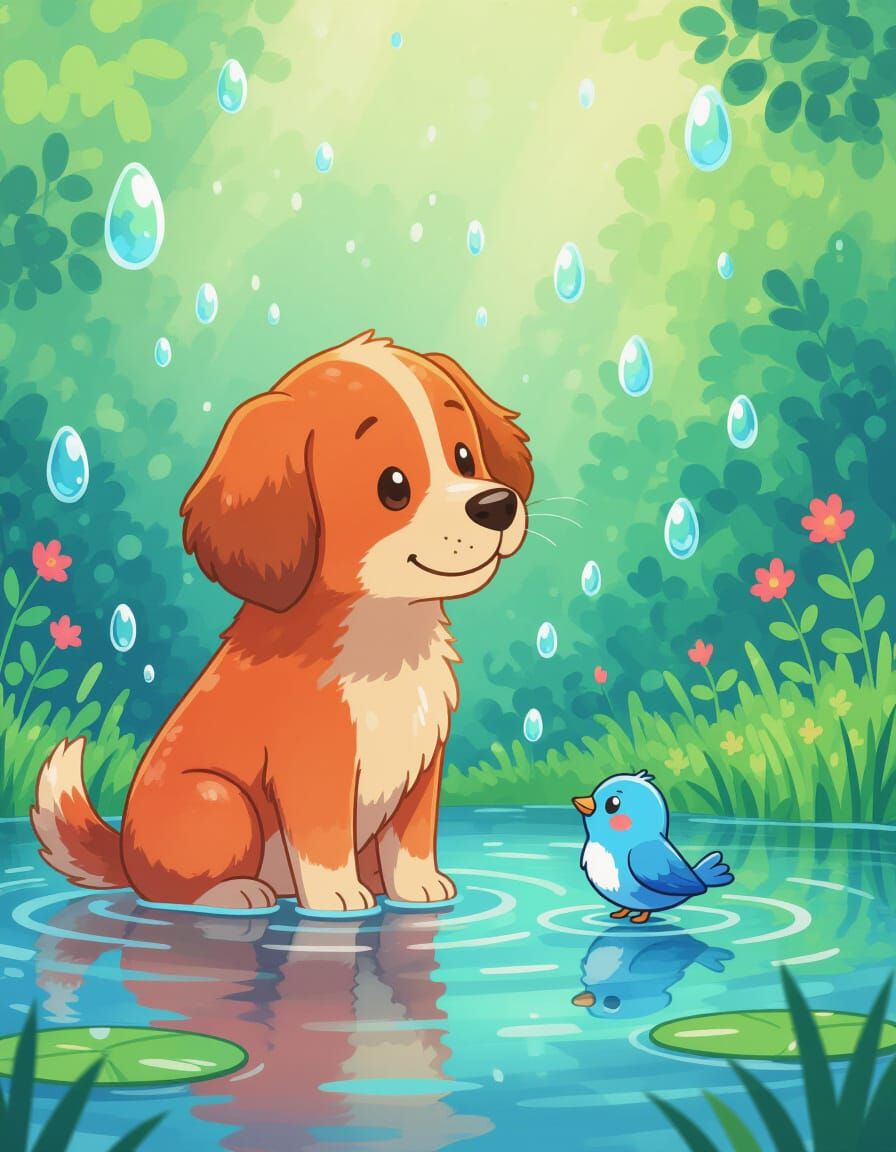 Whimsical Anime: Red Dog and Blue Bird