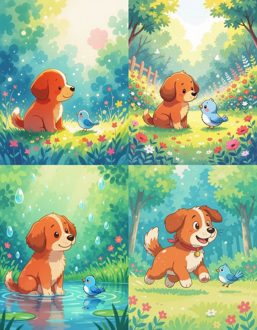 Anime Watercolor Splash Art: Red Dog and Blue Bird