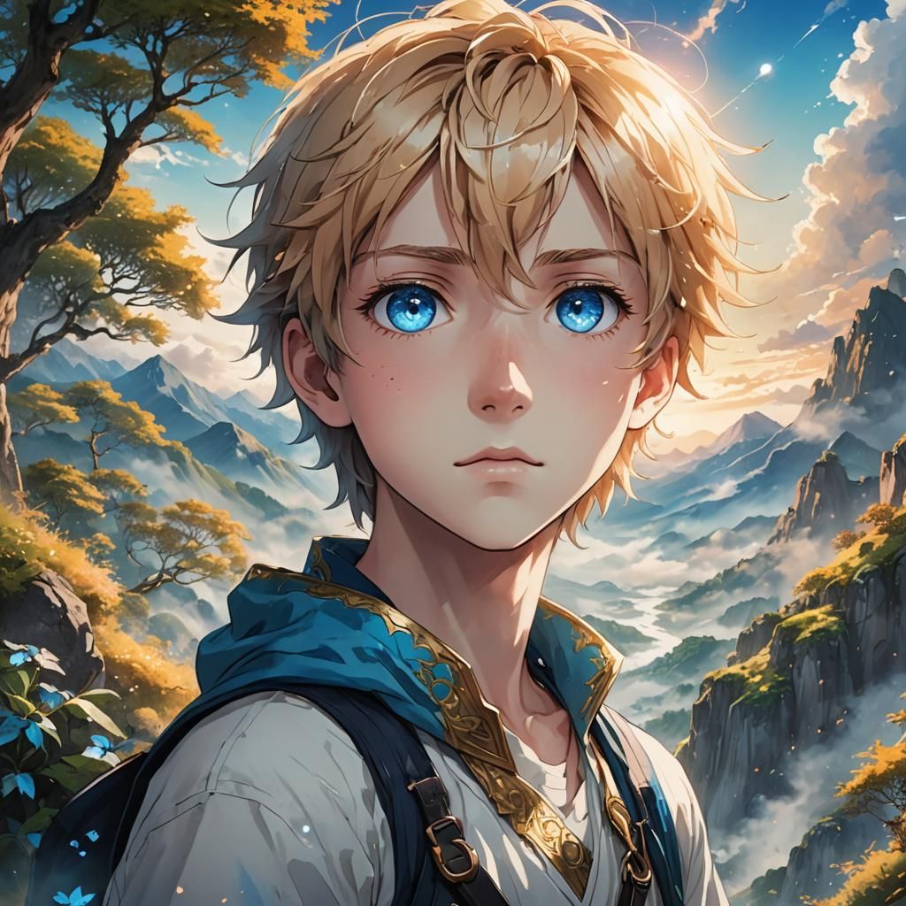 Anime Boy with Blue Eyes in Fantasy World