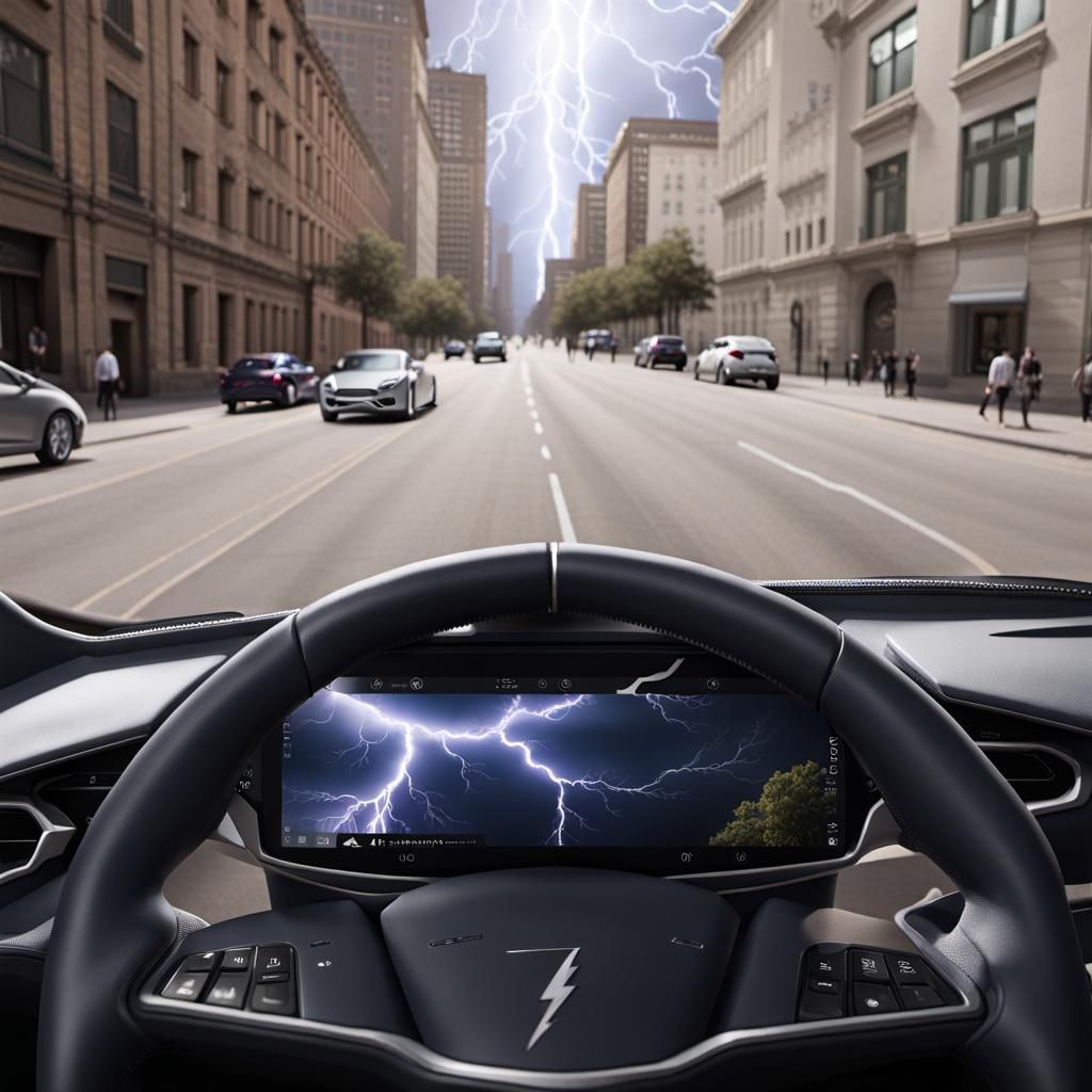 City in Electrical Storm with Car Dashboard