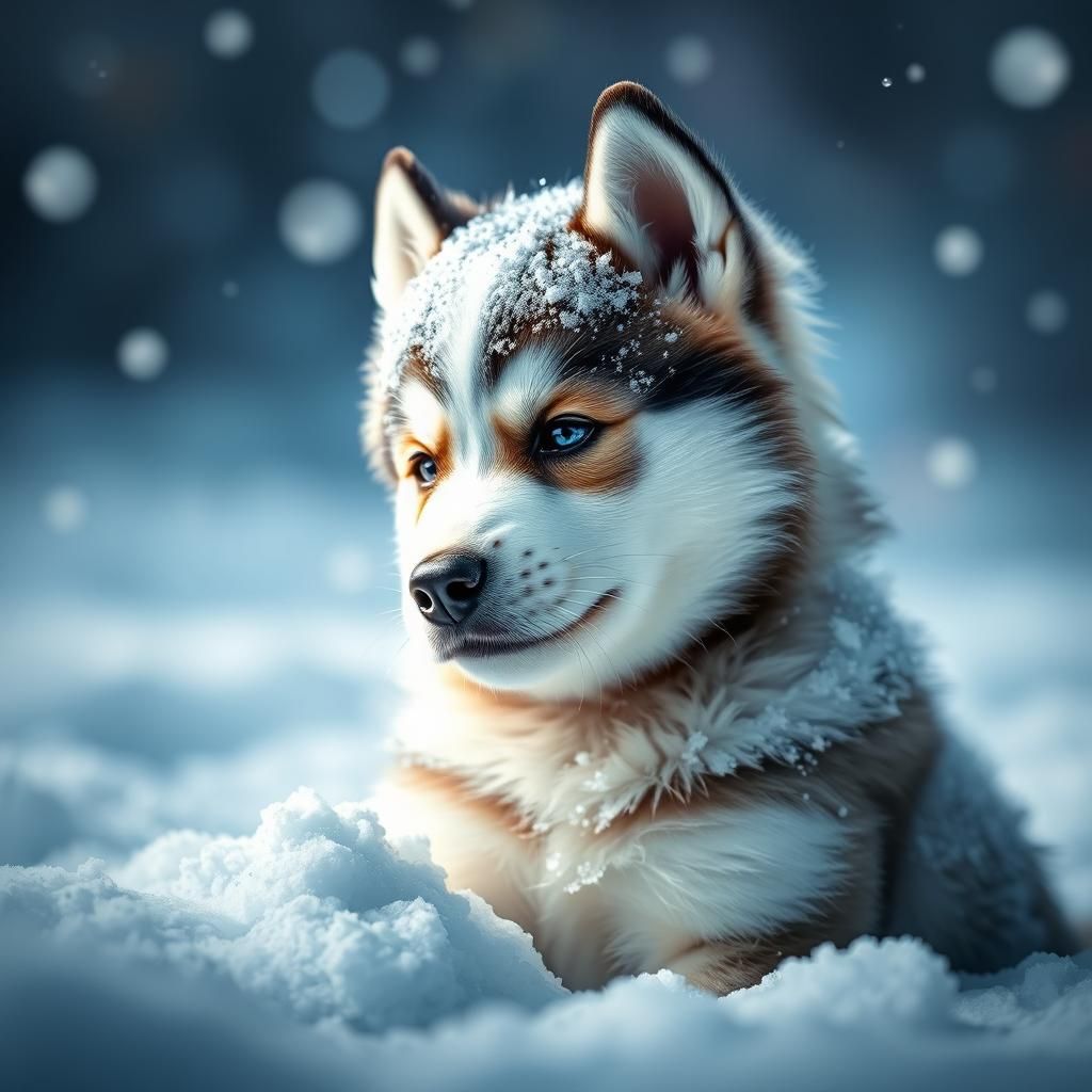 Husky Puppy in Snow: Hyperrealistic Splash Art