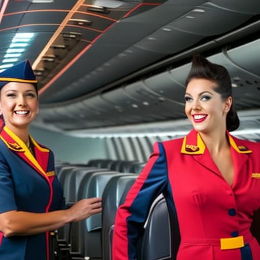 Smiling Flight Attendants in Elaborate Plane Interior
