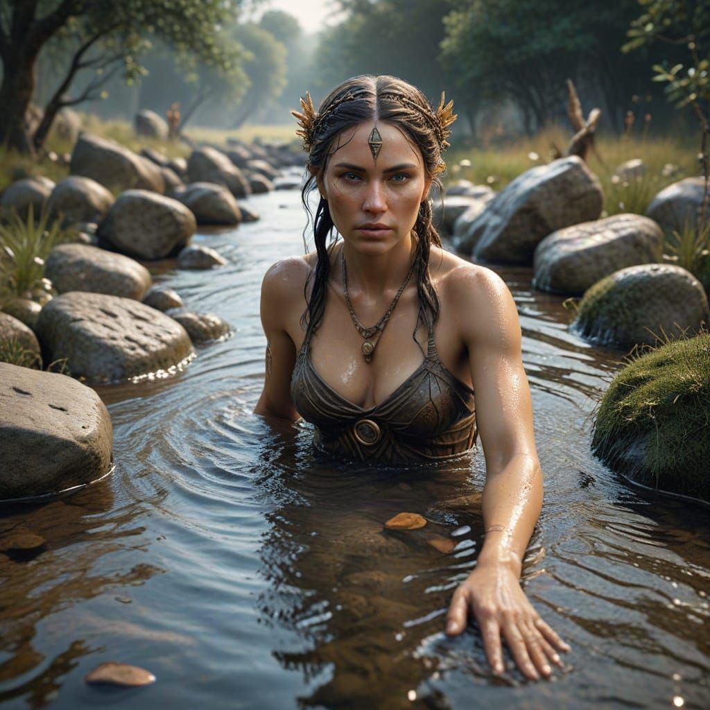Neolithic High Priestess in Serene Water Scene