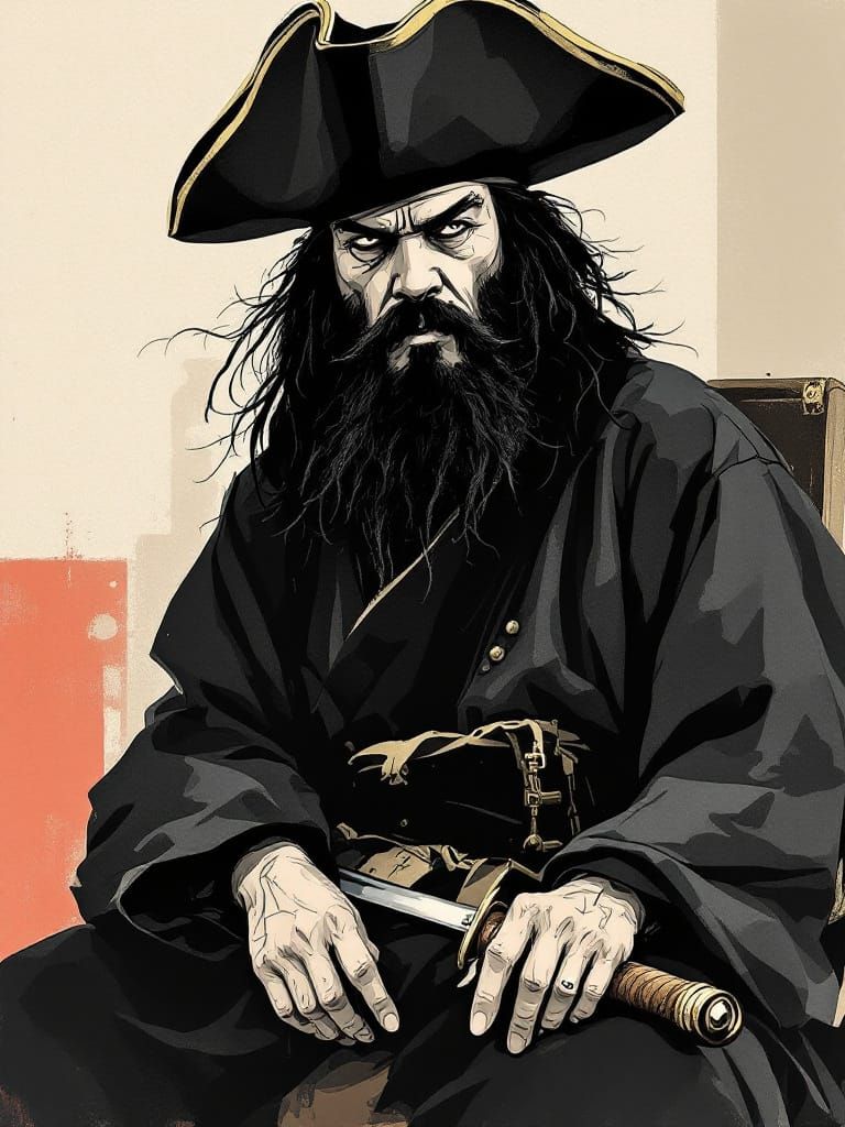 Blackbeard Portrait in Geometric Sumi-e Style