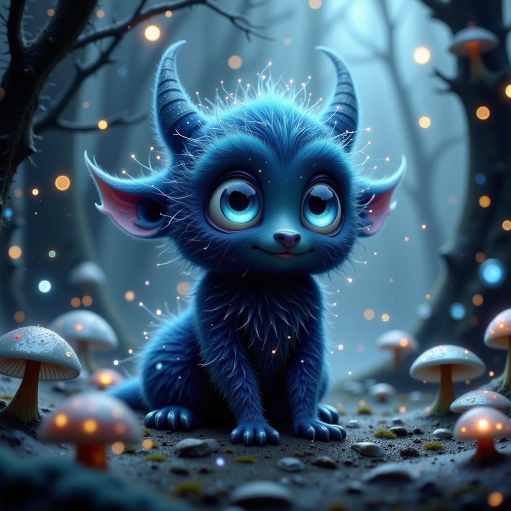Whimsical Dark Blue Fae with Shiny Eyes in Enchanted Forest