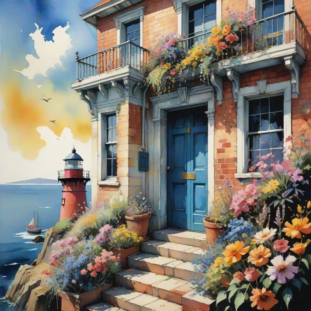 Stunning Watercolor Lighthouse on a Cliff