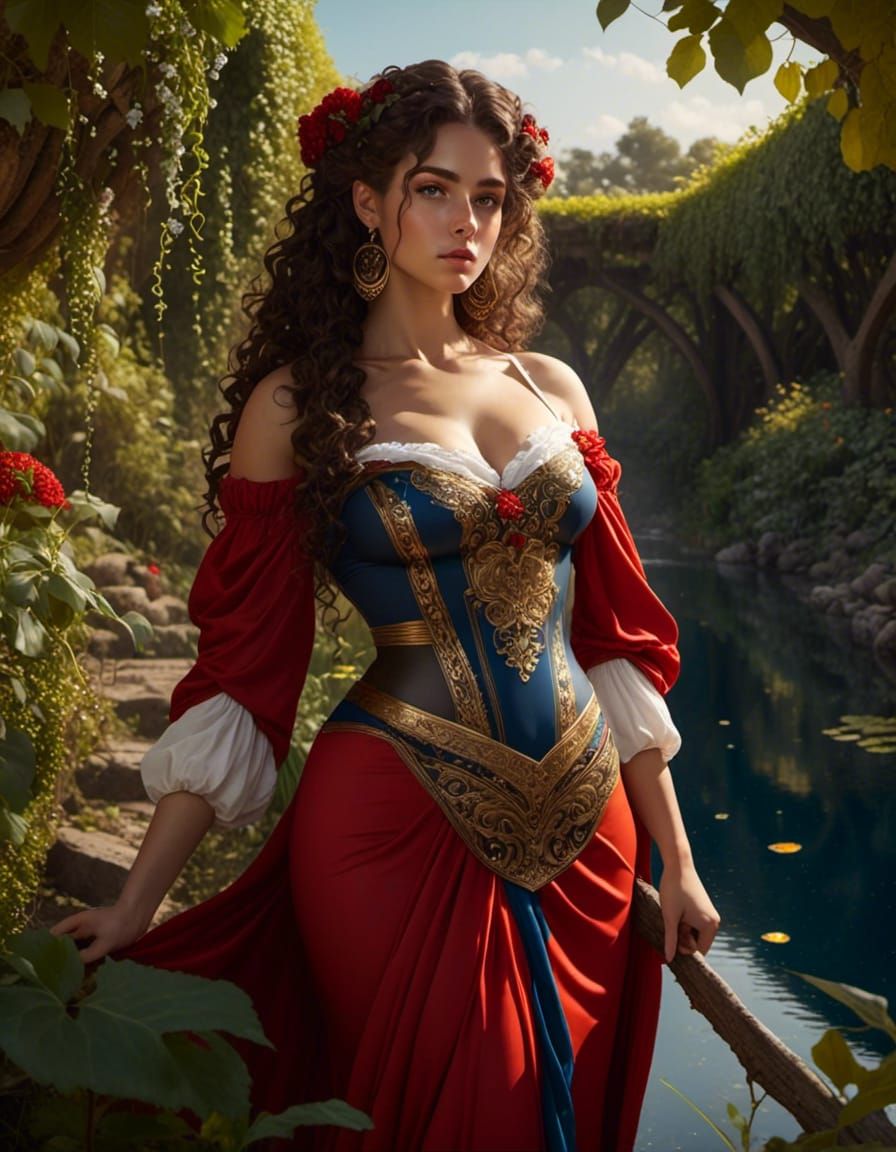 Greek Woman in Garden Pond, Caravaggio Style