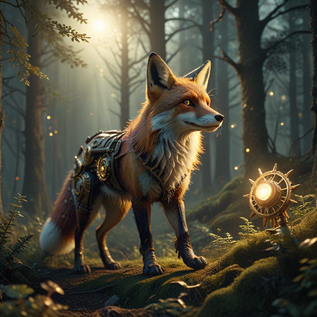 Steampunk Fox Navigates Forest with Star