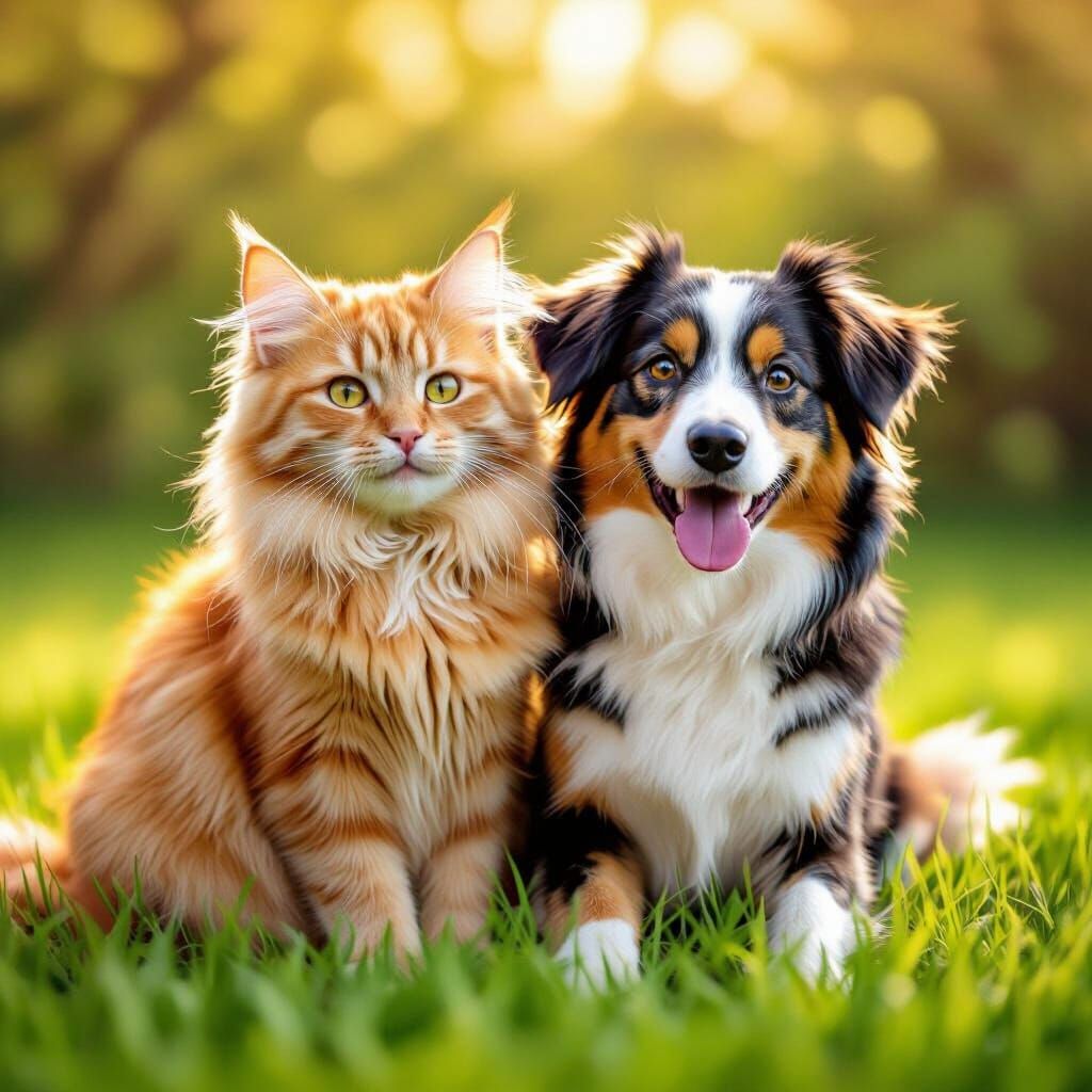 Ginger Cat and Dog Smile on Sunny Grass