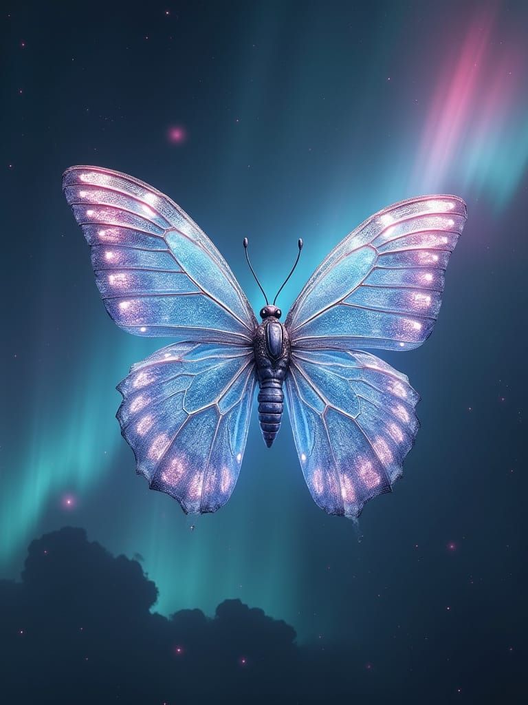 Silver Blade Butterfly Flying Through Auroras