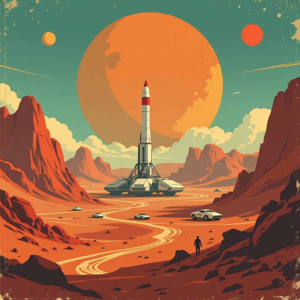 Soviet Mars Terraforming Poster in Retrofuturistic Style