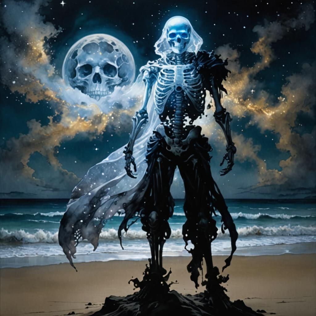 Ghostly Skeleton on Magical Beach: Anime Watercolor Art