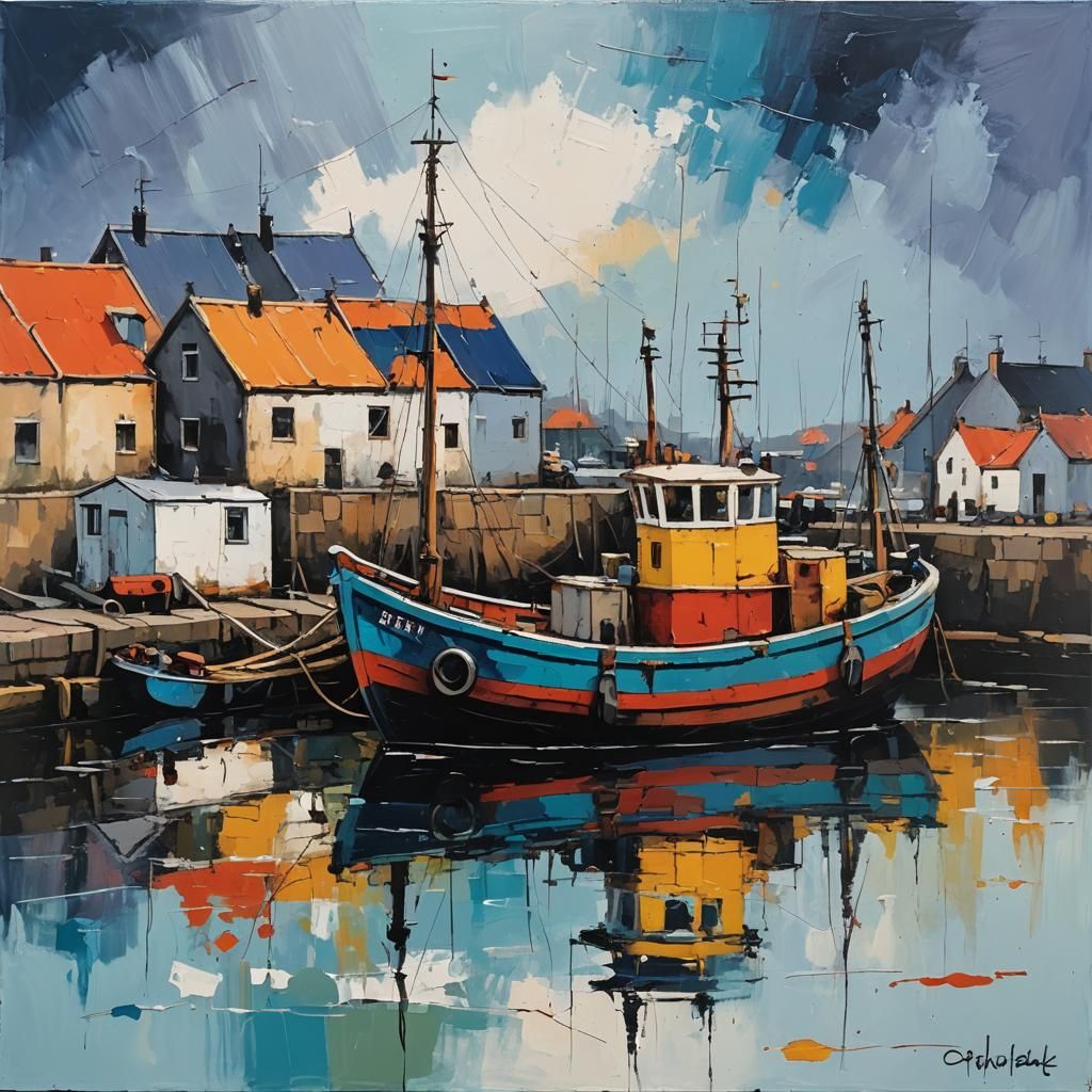 An old fishing boat in a small North Sea harbour basin.