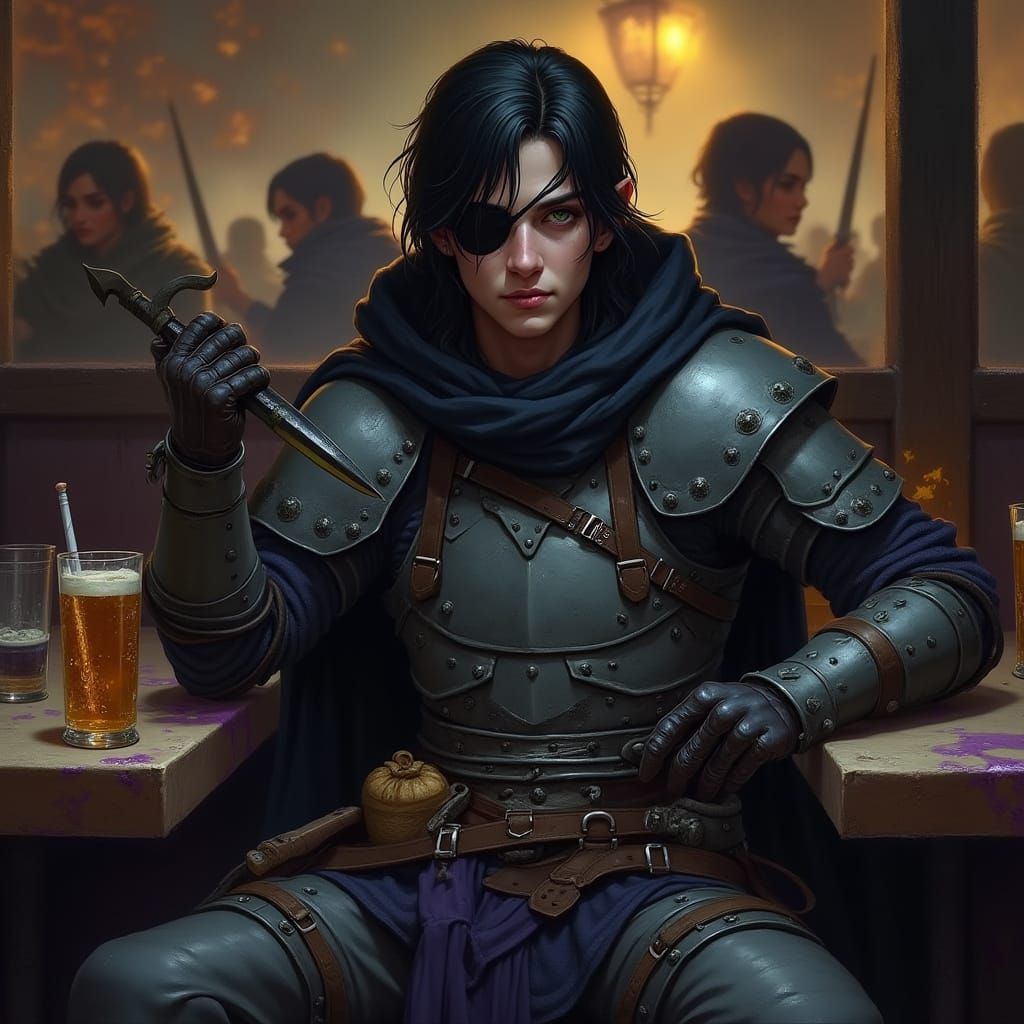 Half-Elf Rogue in Tavern, Dark Fantasy Illustration