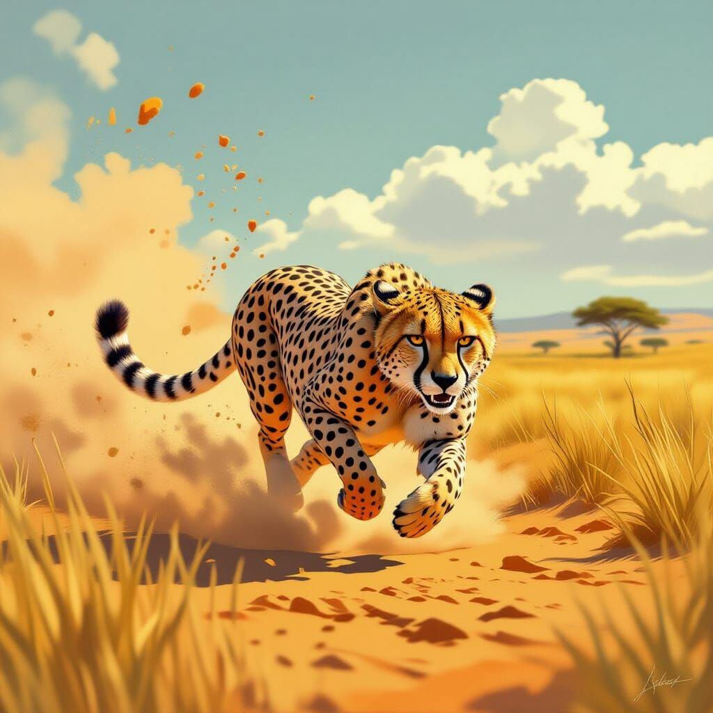 Cheetah Sprinting Across Sun-Drenched Savannah