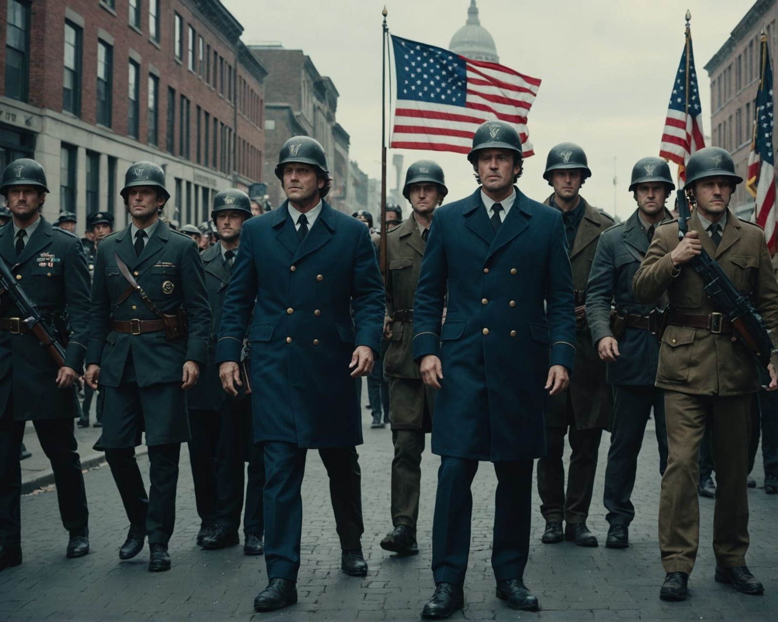 Dramatic Film Still of Patriots Standing Up
