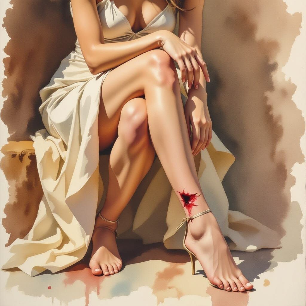 Watercolor Painting of Woman's Leg With Artistic Wound