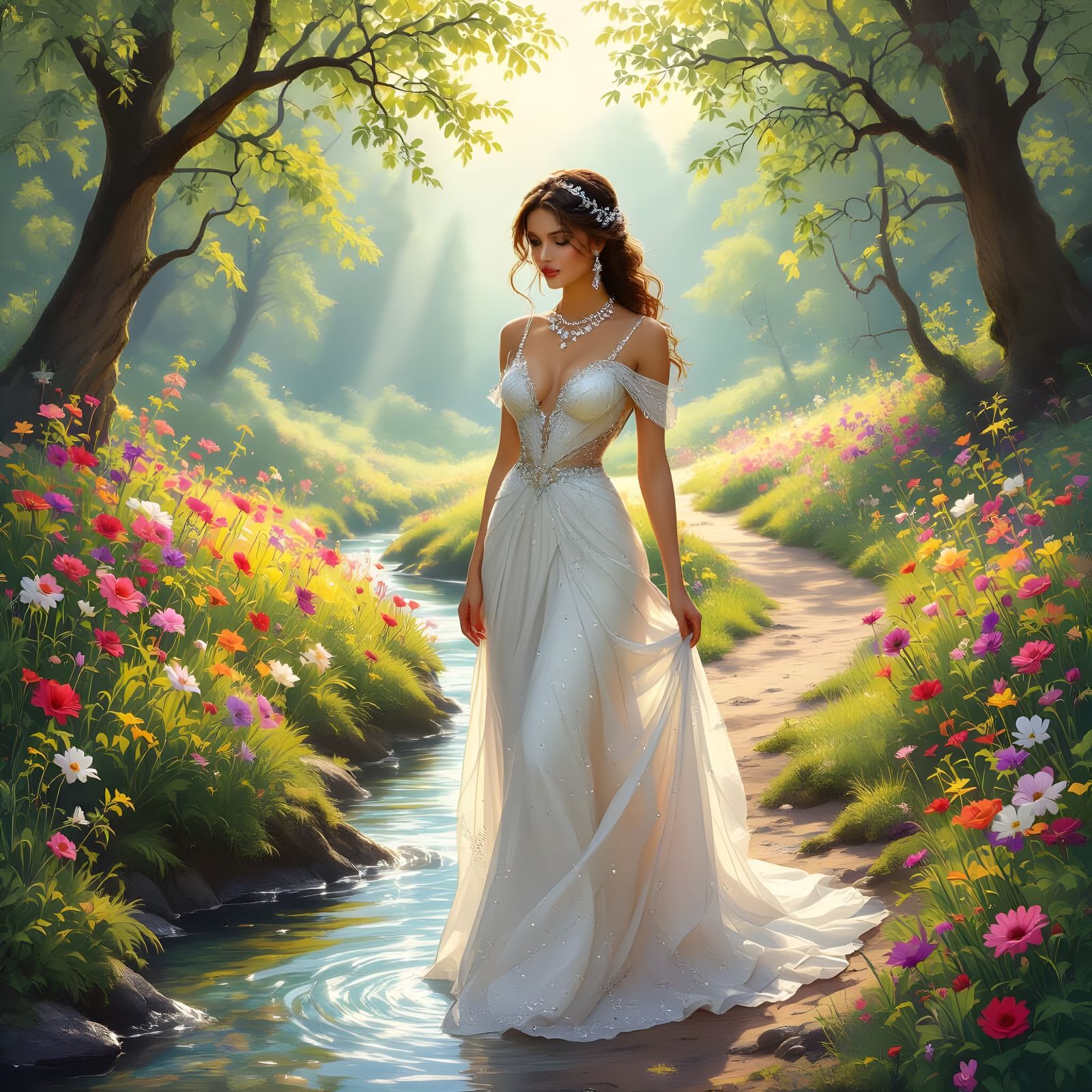 Beautiful Lady at Crossroads with Jewel Dress Near Shallow S...