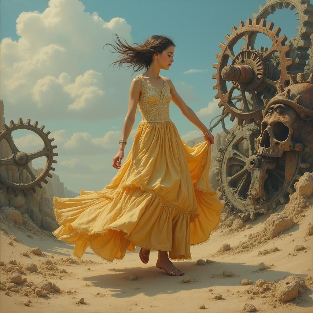 Girl Dancing in Apocalyptic Landscape, Surreal Oil Painting