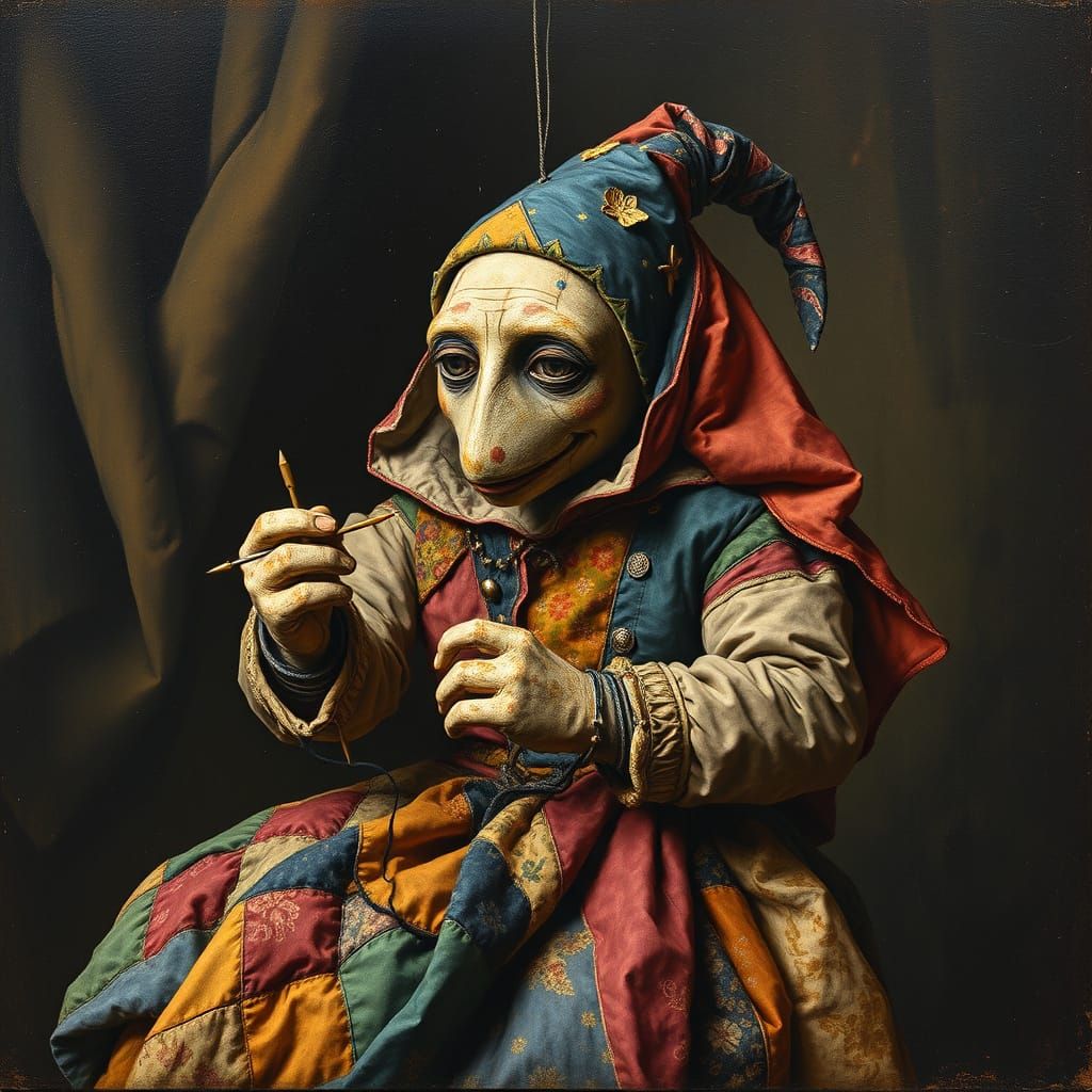 Patchwork Puppet Sewing Itself, in Renaissance Style