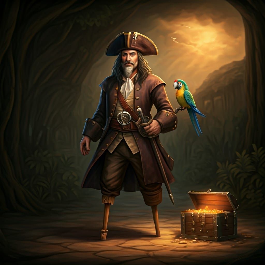 Pirate With Parrot And Open Treasure Chest