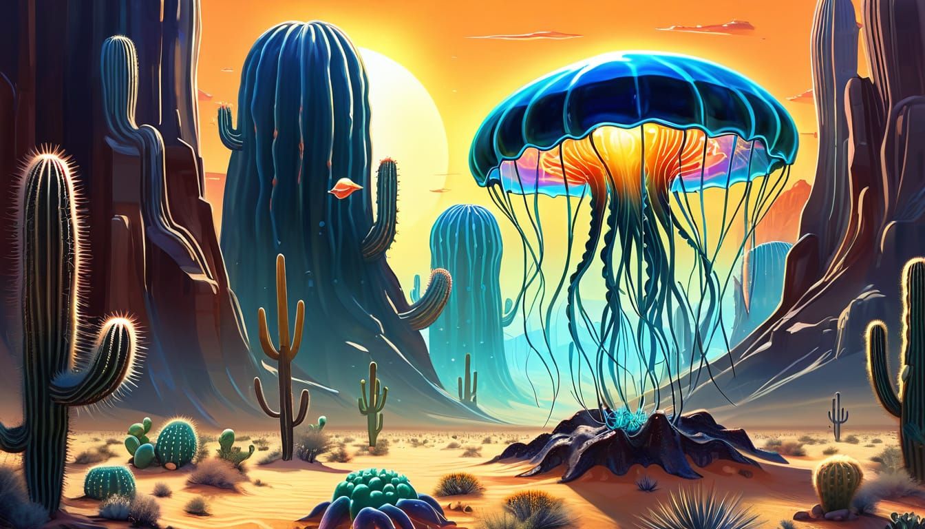 Bioluminescent Jellyfish in Desert Landscape, Surrealist Pai...