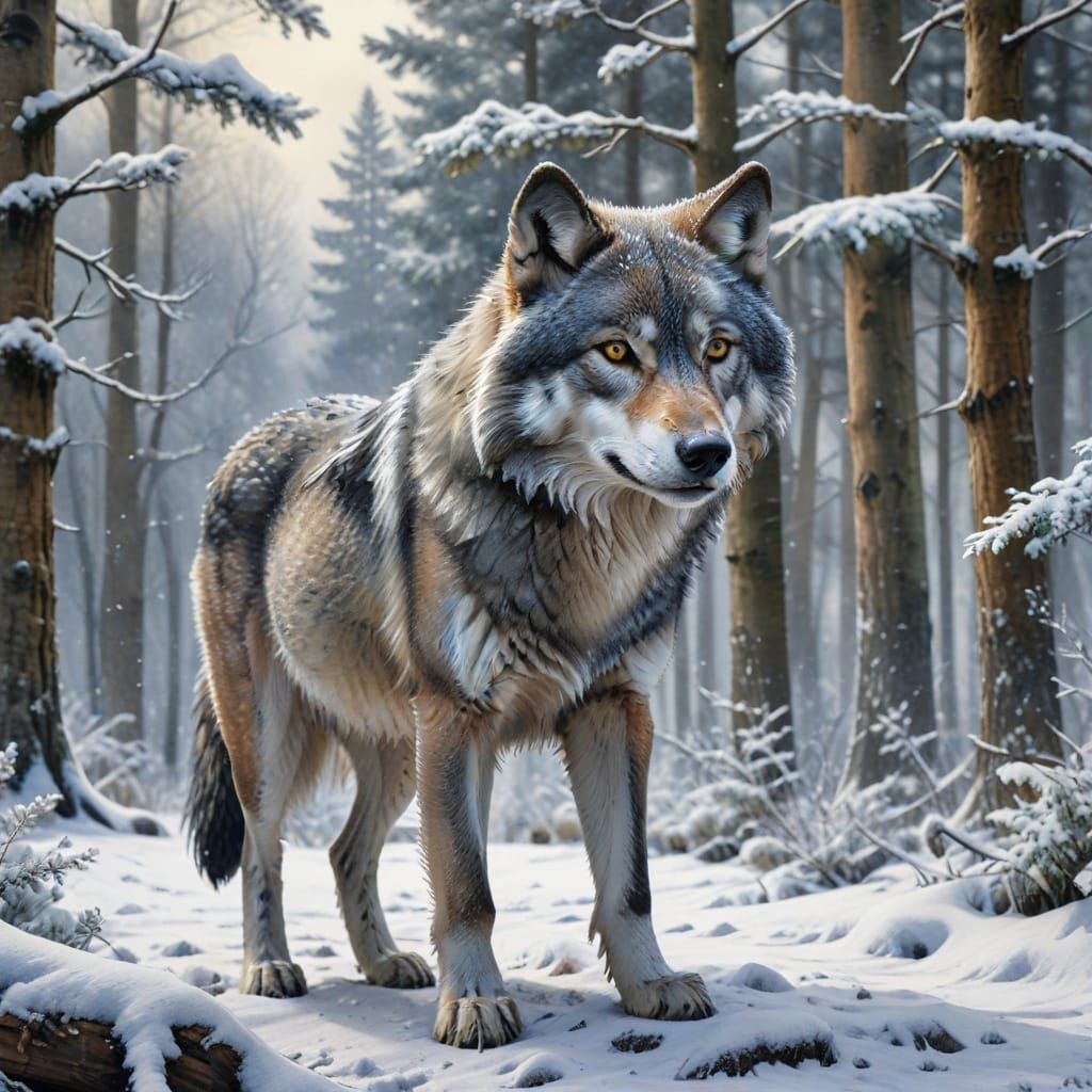 Detailed Watercolour Wolf in Snowy Woods