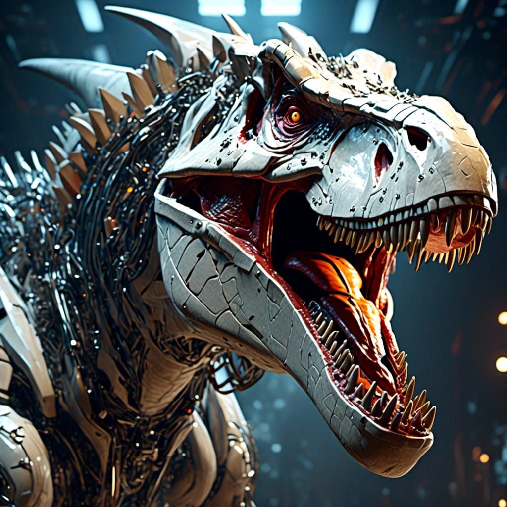 Biomechanical Dinosaur Vector Art in White Metal