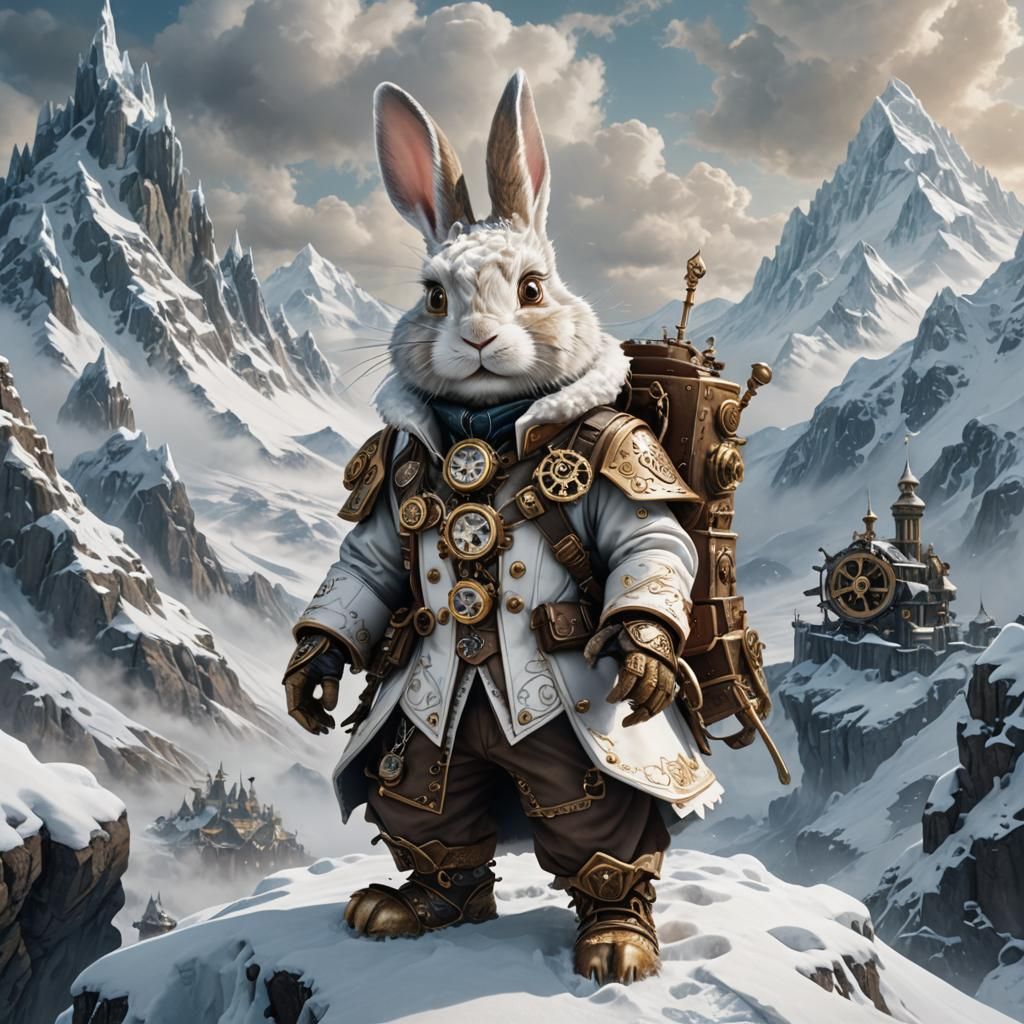 Steampunk Rabbit Climbs Snowy Mountain: Detailed Matte Paint...