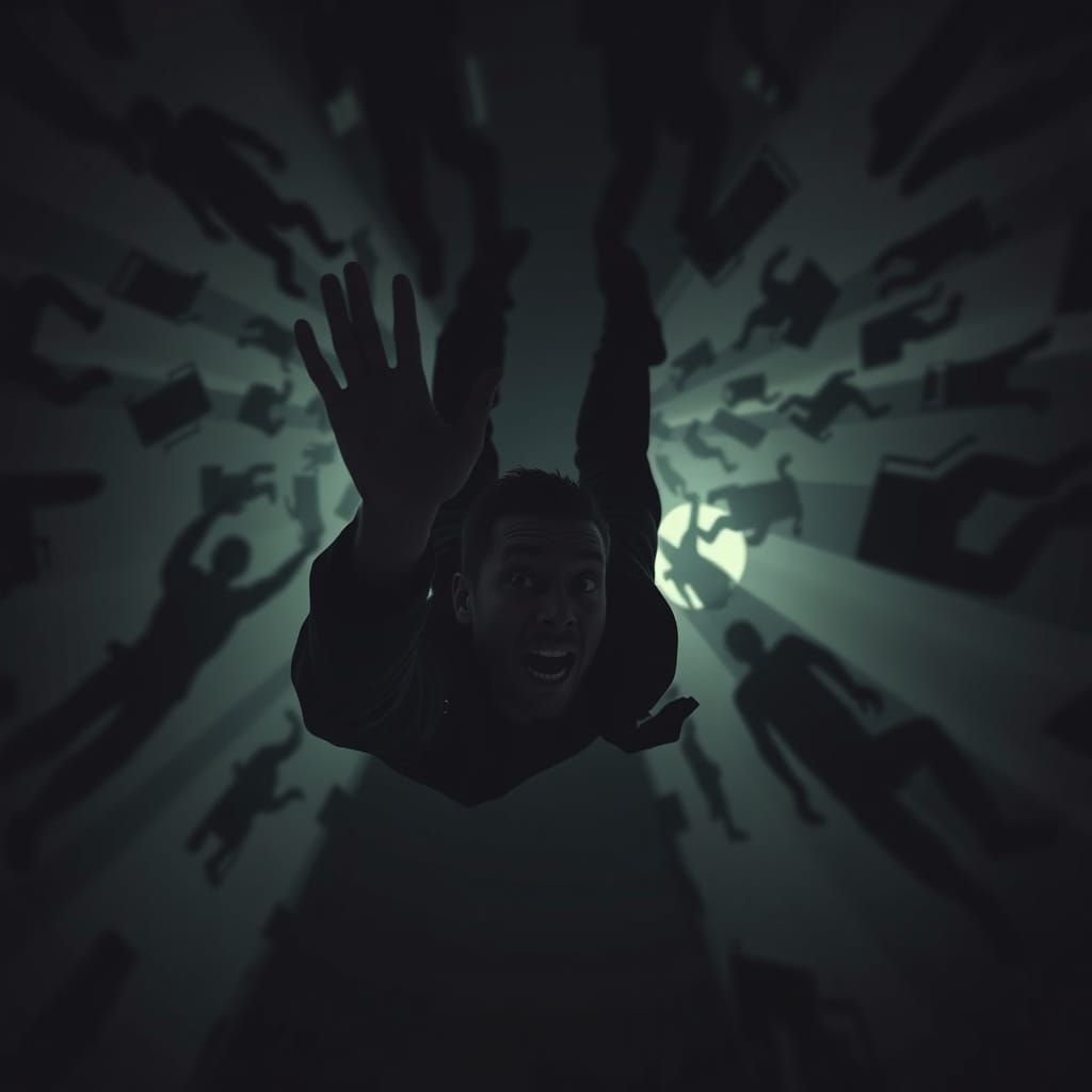 Man Plummeting in Dark Void, Surrounded by Twisting Shadows