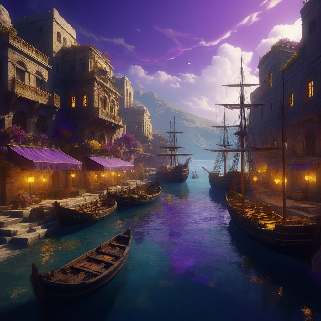 Crete Harbor with Trade Ships: Digital Matte Painting