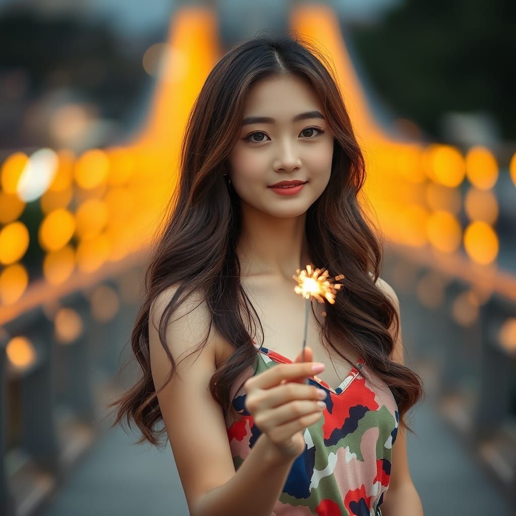 Serene Woman with Sparkler in Bokeh Light