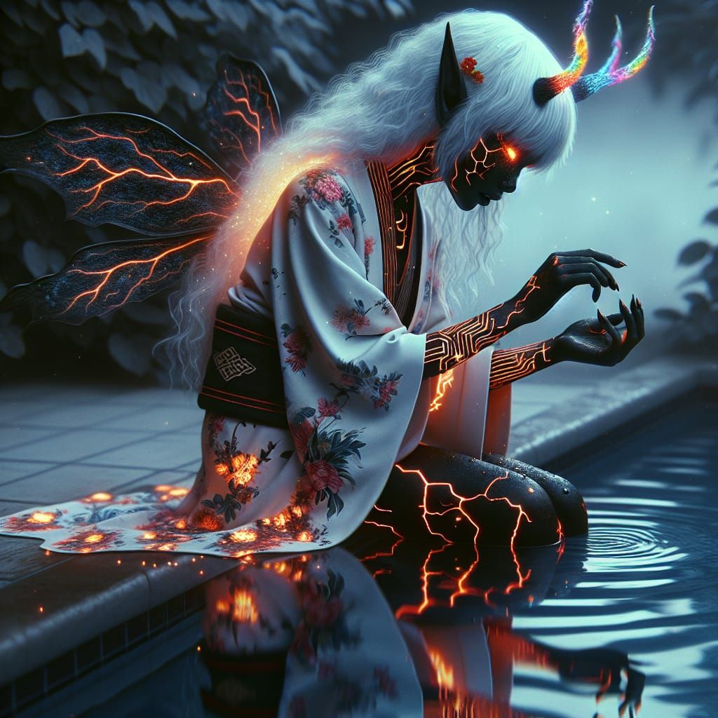 Magma Fairy Girl in Kimono Reflecting in Pool