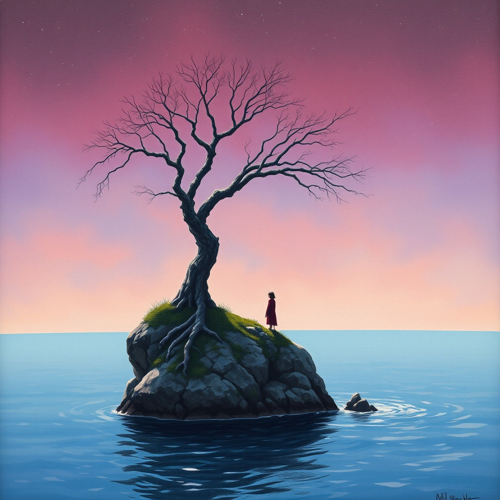 Cliffside Tree at Dawn, in Gouache Style