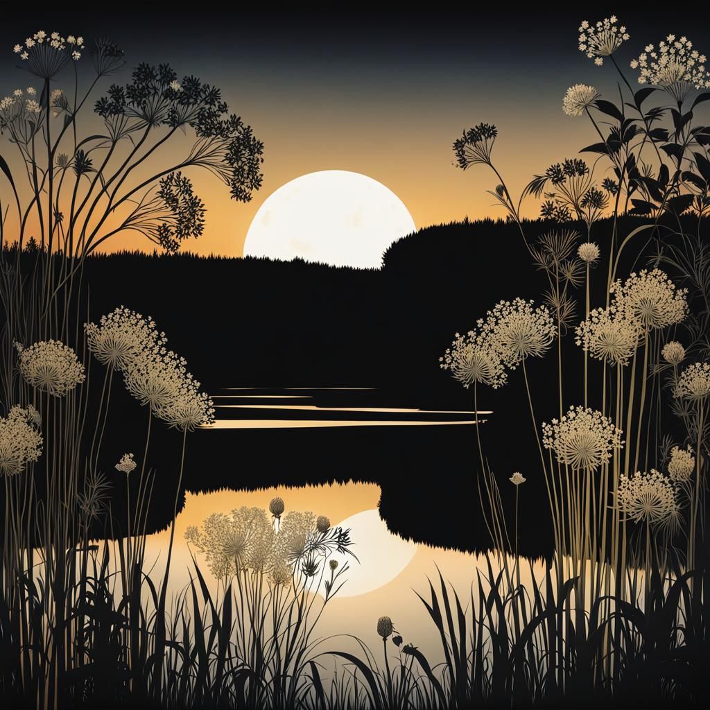 Moonlit River Scene with Weeds in Silhouette