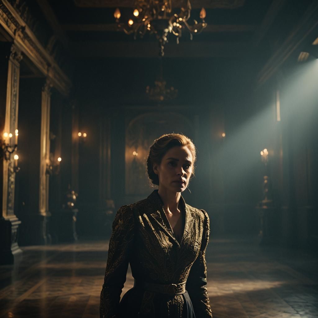 Powerful Woman in Lavish Hall: Cinematic Film Still
