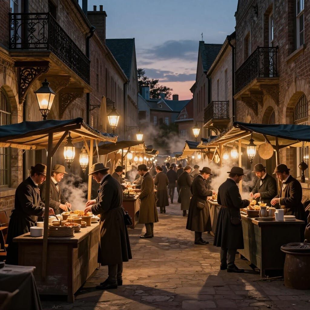 Victorian Market at Dusk: Gas Lamps and Shadows