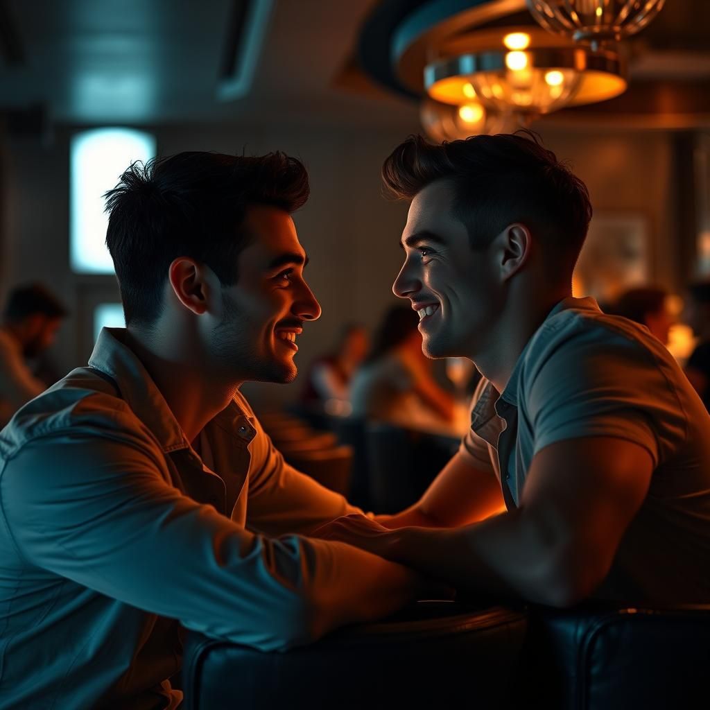 Intimate Bar Scene: Two Men in Captivating Conversation