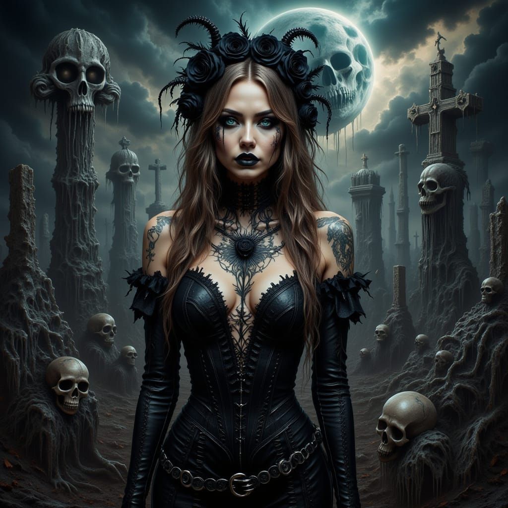 Gothic Woman in Dark Fantasy Cemetery Art
