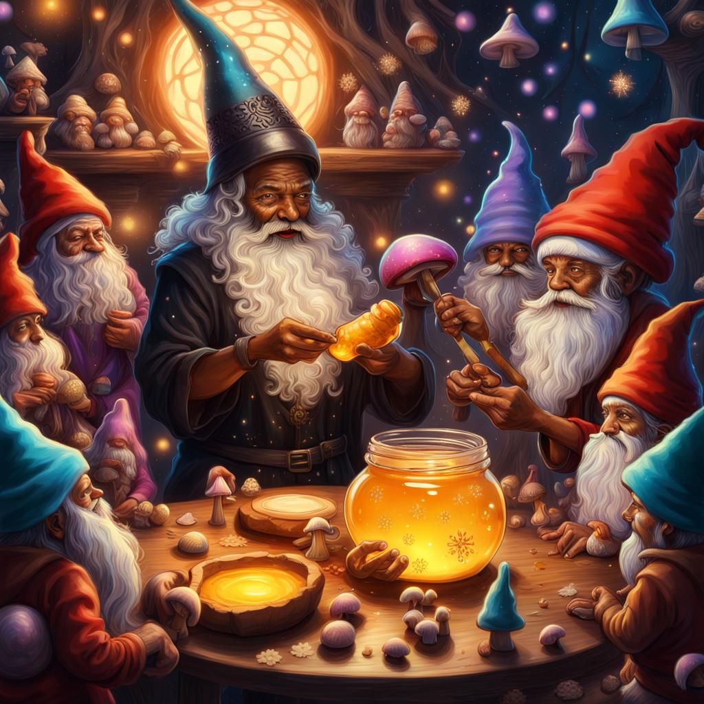Wizard and Gnomes Make Magic Mushroom Honey