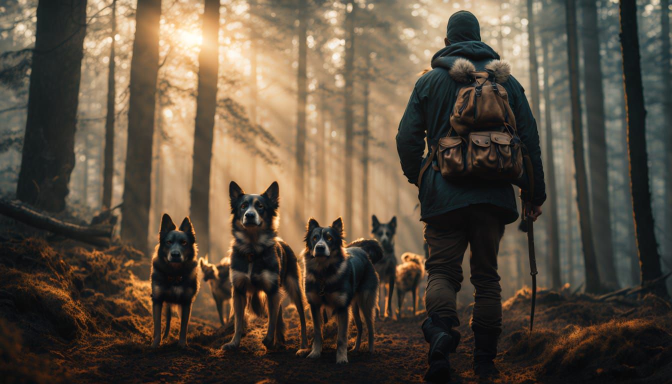 Hunter and Dogs in Misty Forest: Hyper-Realistic HDR Photo